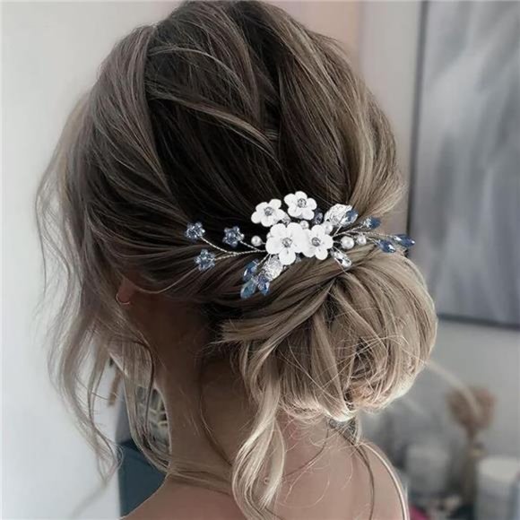 Earent Bride Wedding Flower Hair Comb Blue Crystal Hair Piece Bridal Hair
